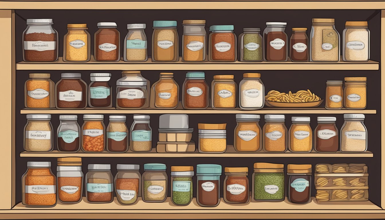 A pantry shelf with neatly organized jars of pasta sauce mix, surrounded by other dry goods and labeled with expiration dates