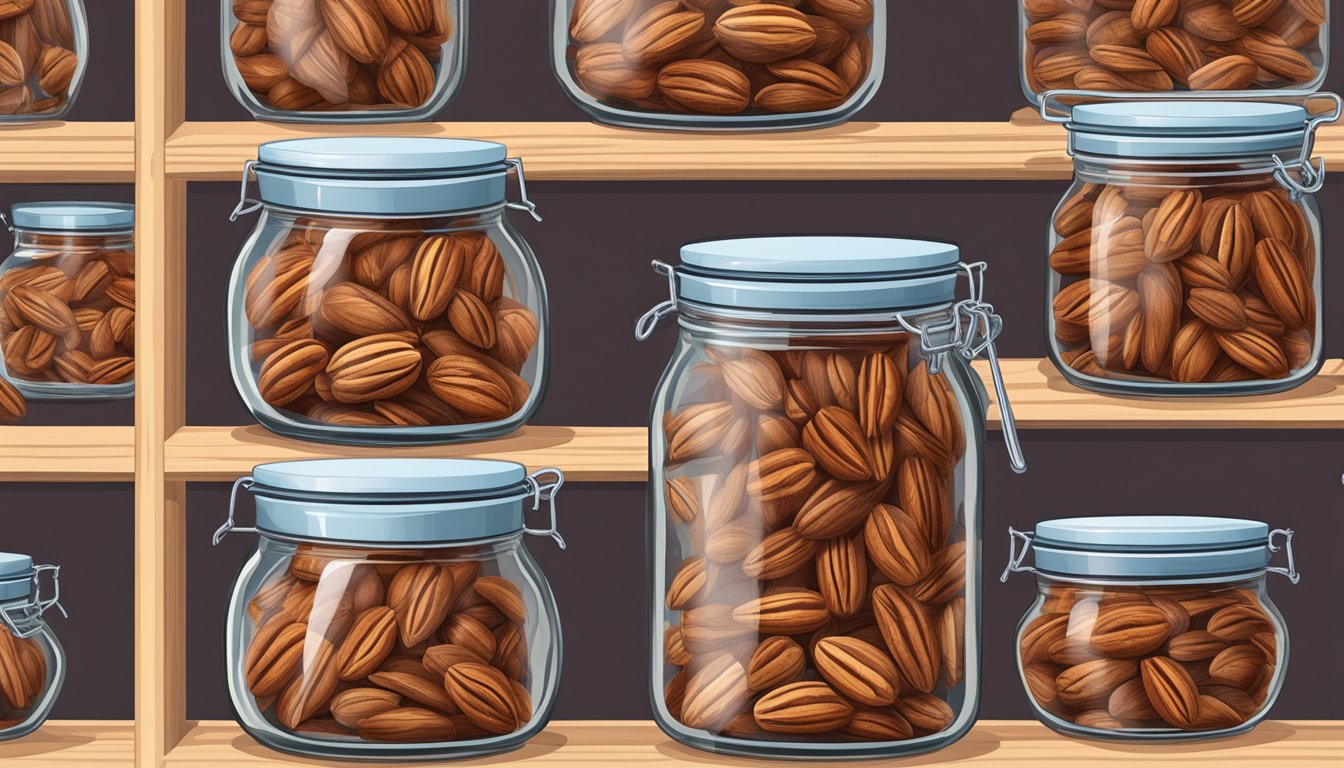 A glass jar filled with pecan halves, sealed with a lid, placed on a pantry shelf