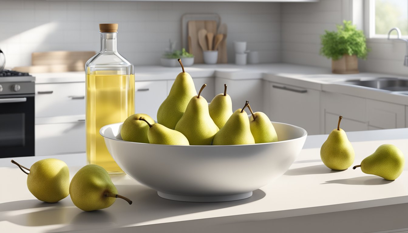 A bowl of ripe pears on a clean, white kitchen counter, with a cloth and a bottle of fruit wash nearby