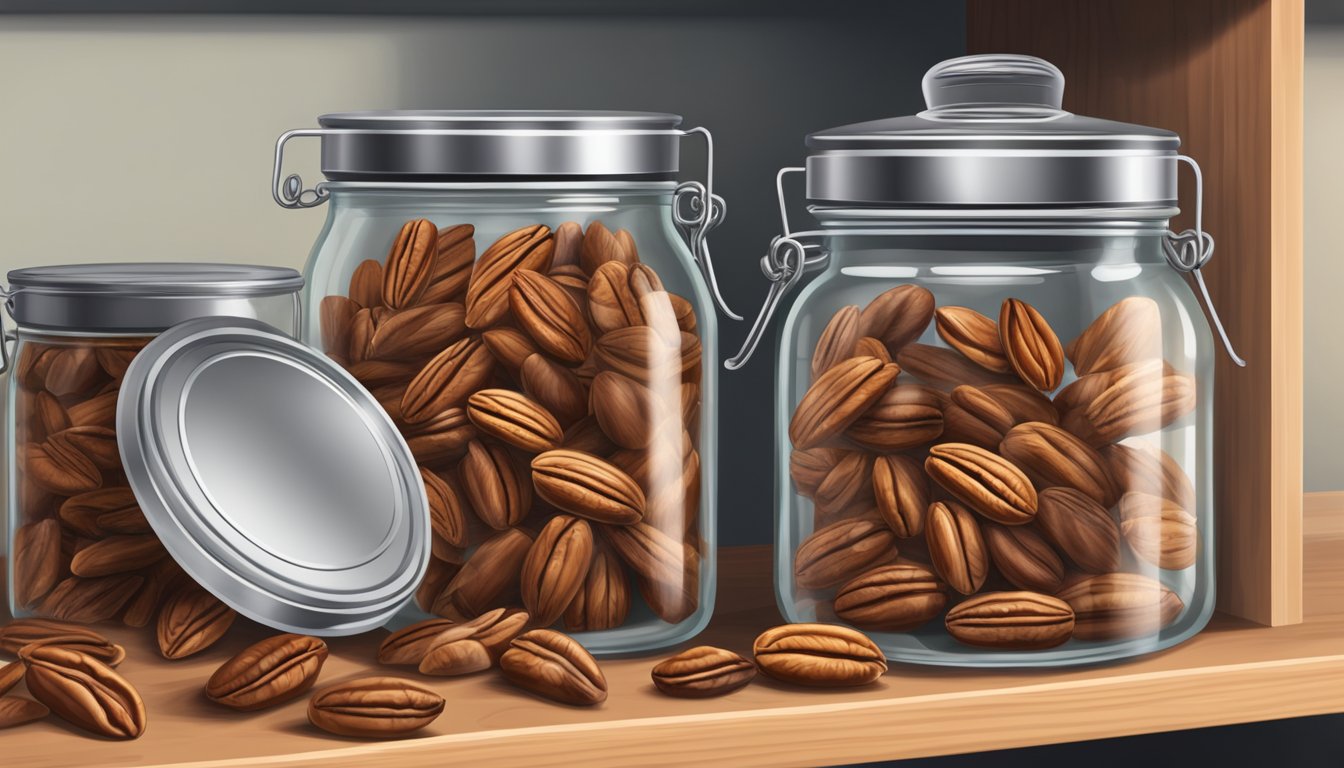 A glass jar filled with pecan halves, sealed with a metal lid, sitting on a wooden shelf in a pantry