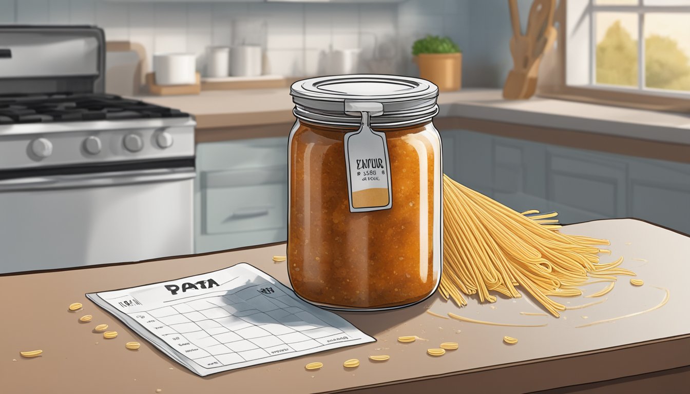 A jar of pasta sauce sits open on a kitchen counter, with a faint mold forming on the surface. Nearby, a calendar shows the expiration date has passed