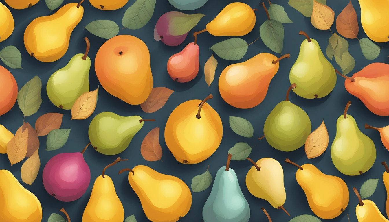 A variety of pears in different shapes and colors arranged on a wooden table, with a few fallen leaves scattered around