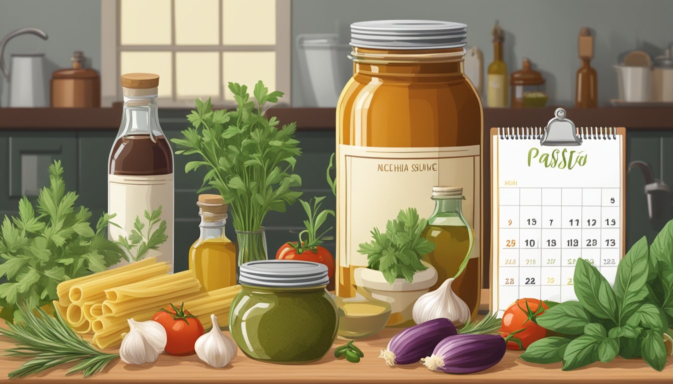 A jar of pasta sauce sits on a kitchen counter, surrounded by fresh herbs, garlic cloves, and a bottle of olive oil. A calendar on the wall marks the date of purchase