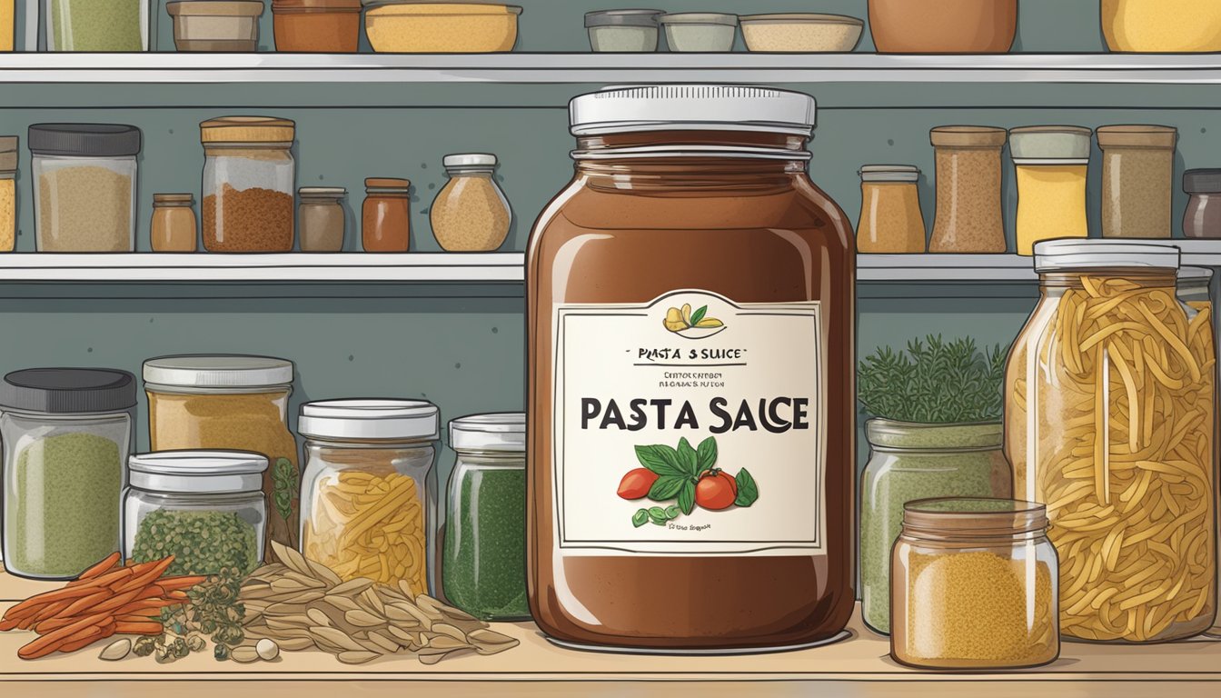 A jar of pasta sauce mix sits on a pantry shelf, surrounded by various dried herbs and spices. The label indicates the expiration date, while a pot of boiling water and pasta sit nearby