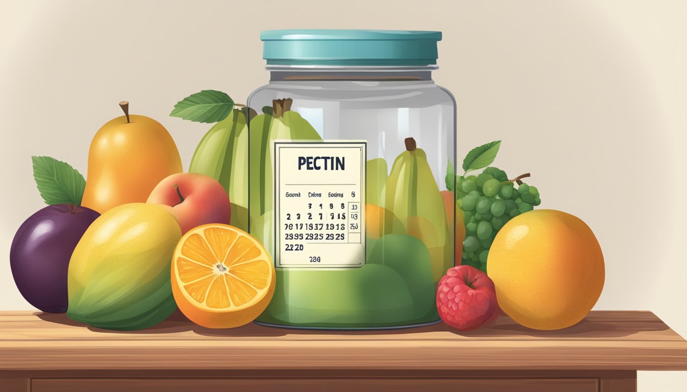 A jar of pectin sits on a shelf, surrounded by various fruits and a calendar showing the current date