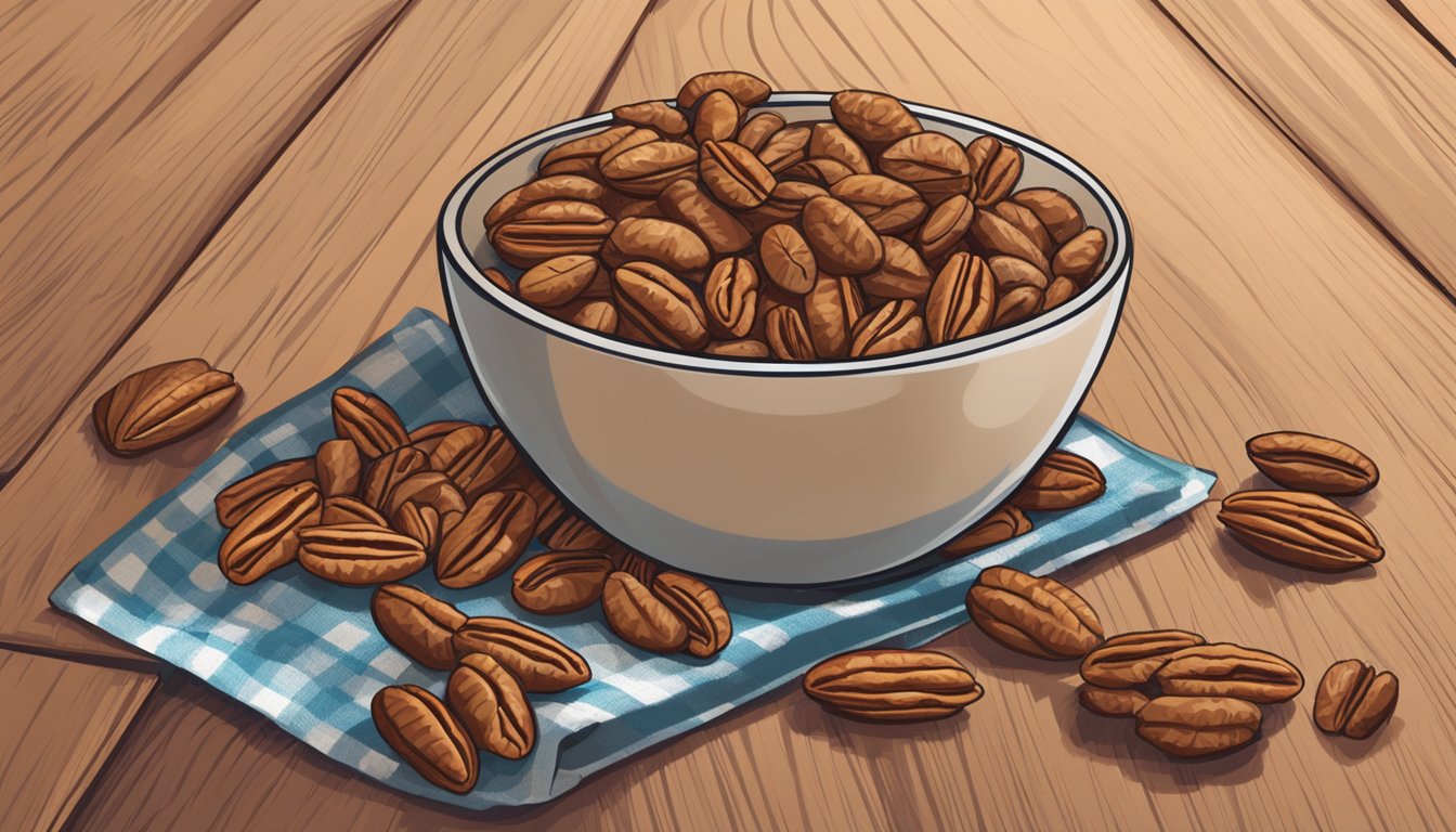 A bowl of pecans sits on a wooden table, surrounded by scattered shells. A nutrition label and expiration date are visible on the packaging