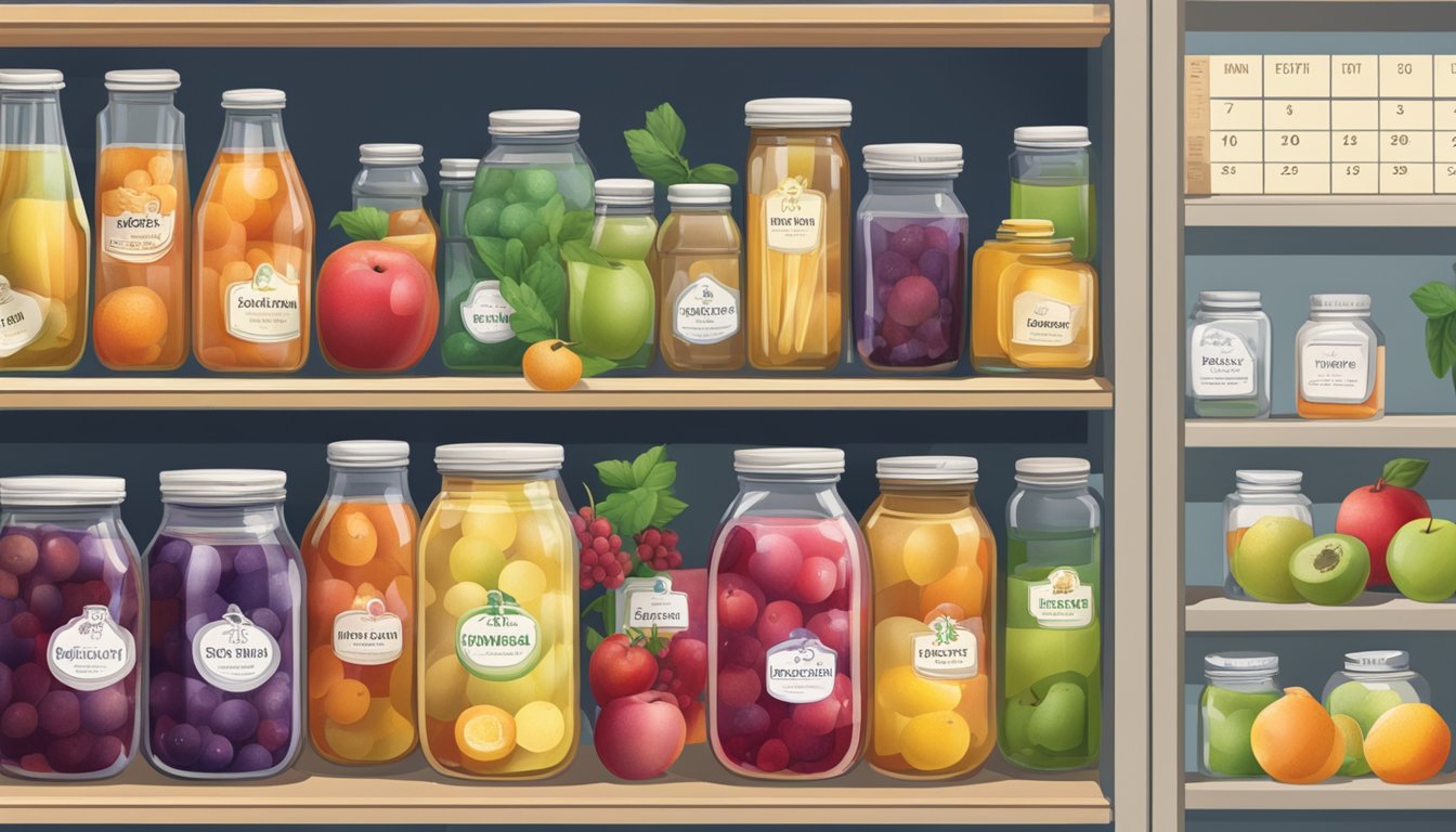 A jar of pectin sits on a pantry shelf, surrounded by various fruits and a calendar showing expiration dates