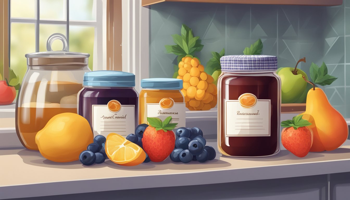 A jar of pectin sits on a kitchen shelf, surrounded by various fruits and a pot of boiling jam. A calendar on the wall marks the date of purchase