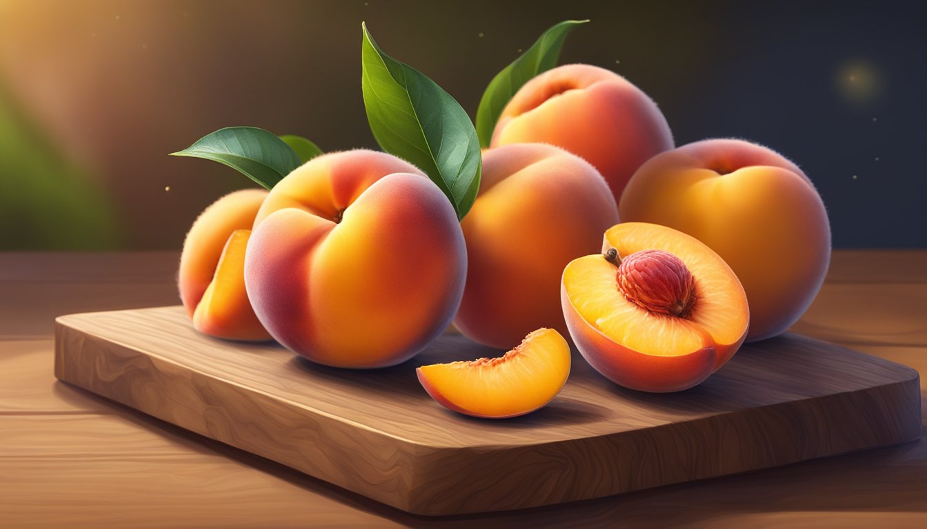 A ripe peach sits on a wooden cutting board, surrounded by a few other peaches. The skin is a vibrant orange with hints of red and yellow, and there are small droplets of juice glistening on the surface