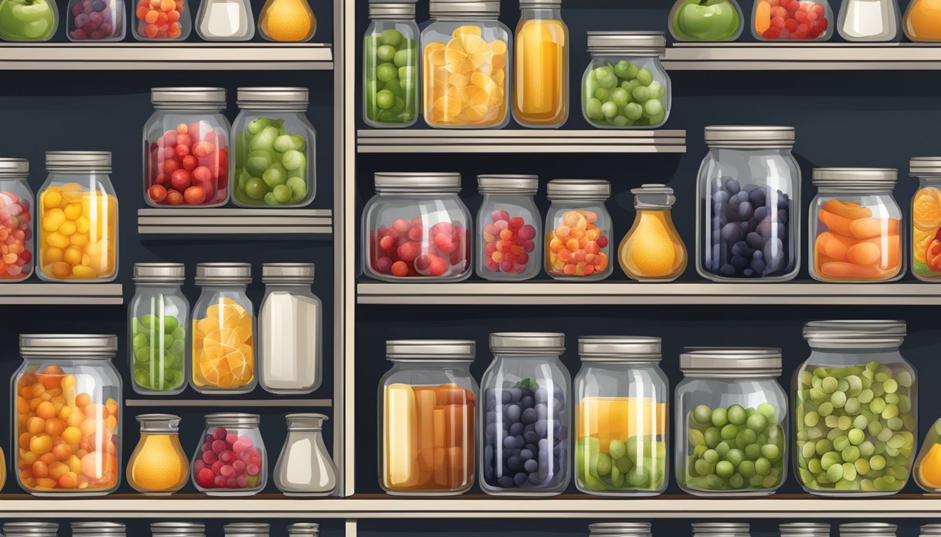 A pantry shelf with neatly organized jars of pectin, surrounded by fresh fruits and a thermometer showing the ideal storage temperature