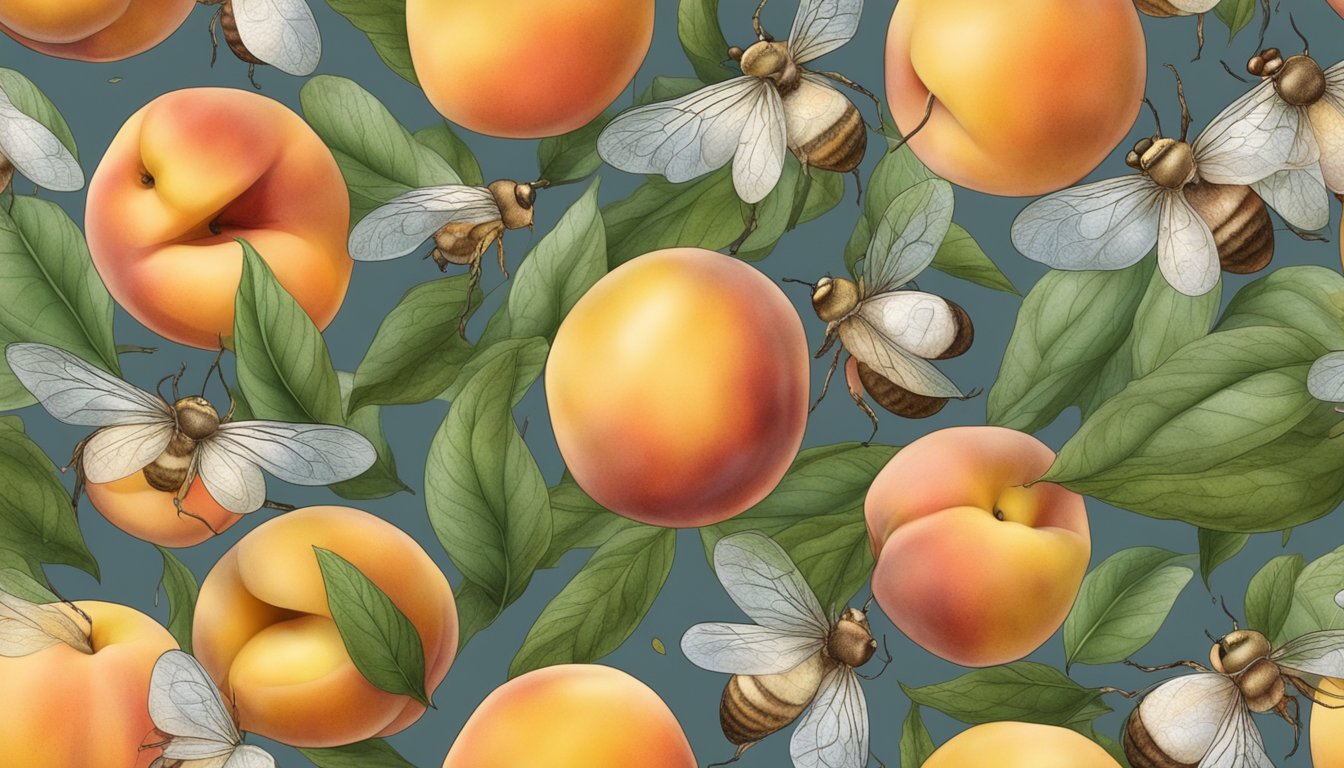 Ripe peaches with mold and discolored spots, surrounded by fruit flies