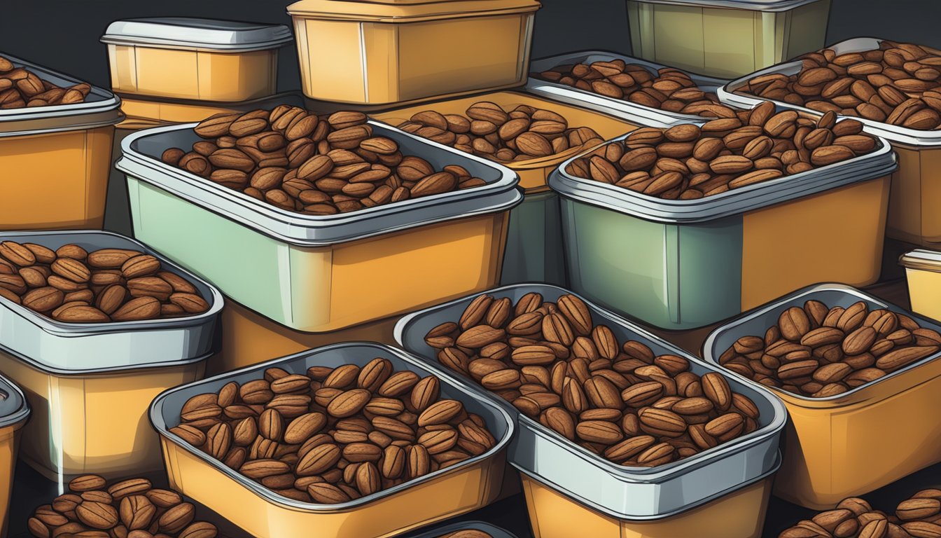 A pile of fresh pecans stored in airtight containers with desiccants to maximize shelf life