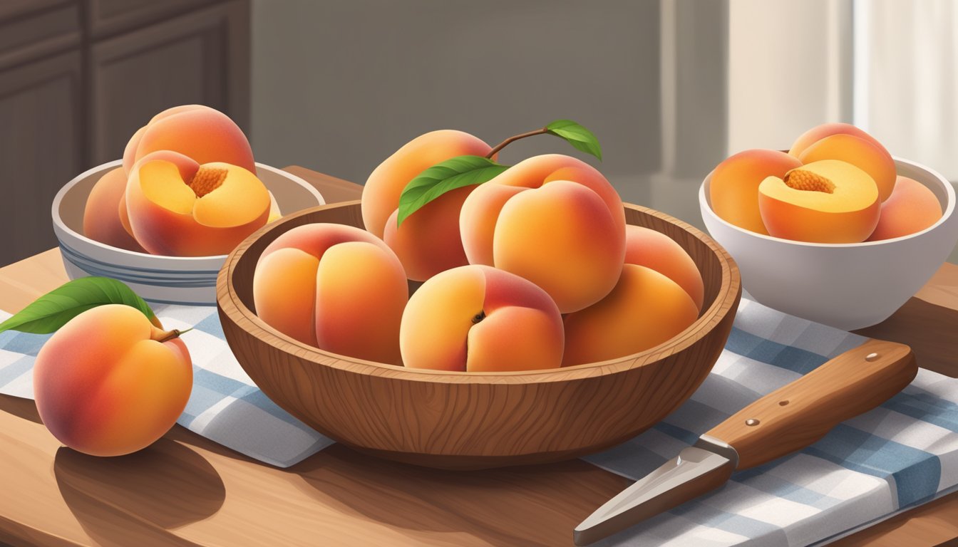 Fresh peaches in a wooden bowl on a kitchen counter, surrounded by a cutting board, knife, and recipe book