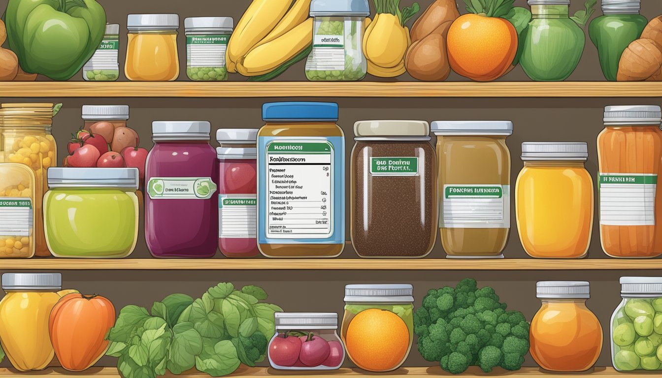 A jar of pectin on a pantry shelf, surrounded by various fruits and vegetables, with a nutrition label visible