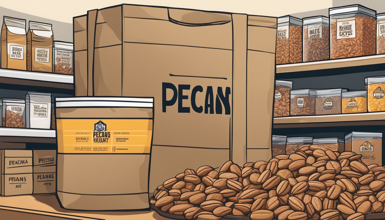 A large bag of pecans sits on a shelf, surrounded by other bulk food items. The nuts are sealed in a clear, airtight package, with a "best by" date clearly displayed