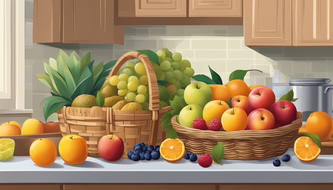 A basket of assorted fruits with varying levels of ripeness, including apples, oranges, and berries, sits on a kitchen counter next to a box of pectin