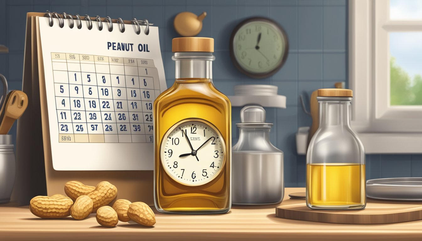 A clear glass bottle of peanut oil sits on a kitchen counter, next to a calendar showing the current date and a small clock