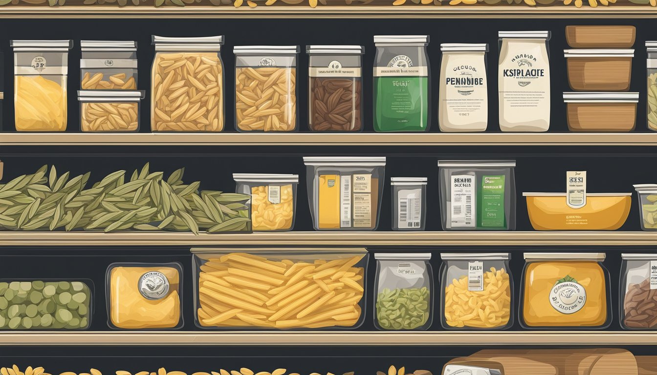 A sealed package of penne pasta sits on a pantry shelf, surrounded by other dry goods. The expiration date is visible on the packaging