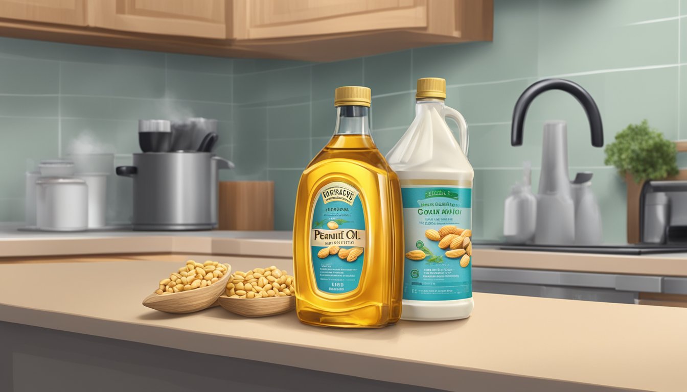 A bottle of peanut oil sits on a kitchen counter, its contents cloudy and emitting a rancid odor. The bottle's label indicates an expiration date that has passed