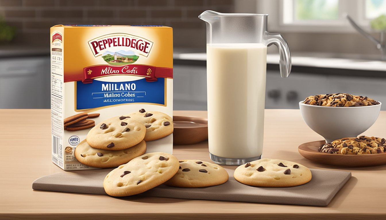 A sealed package of Pepperidge Farm Milano Cookies sits on a kitchen counter, surrounded by fresh ingredients and a glass of milk