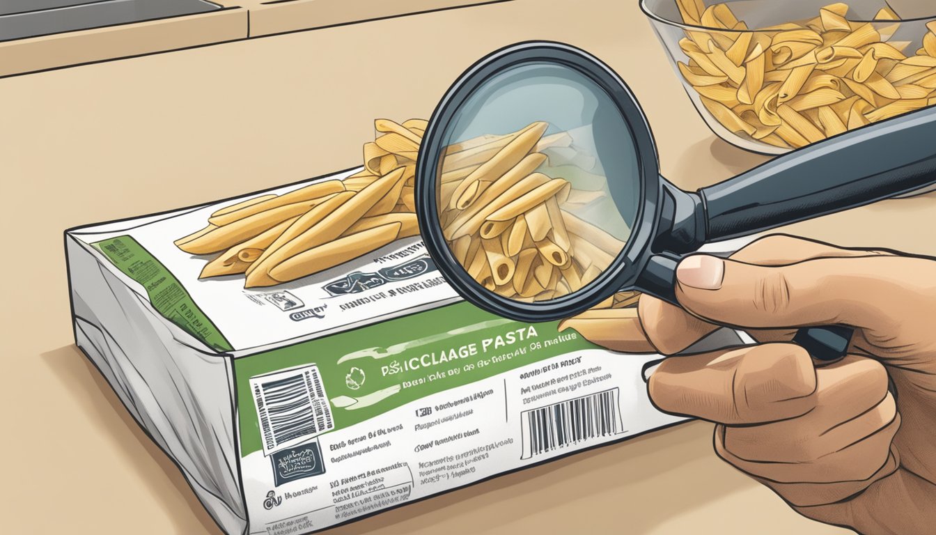 A package of penne pasta sits on a kitchen counter, with a best-before date visible. A hand reaches for a magnifying glass to inspect the pasta for signs of spoilage