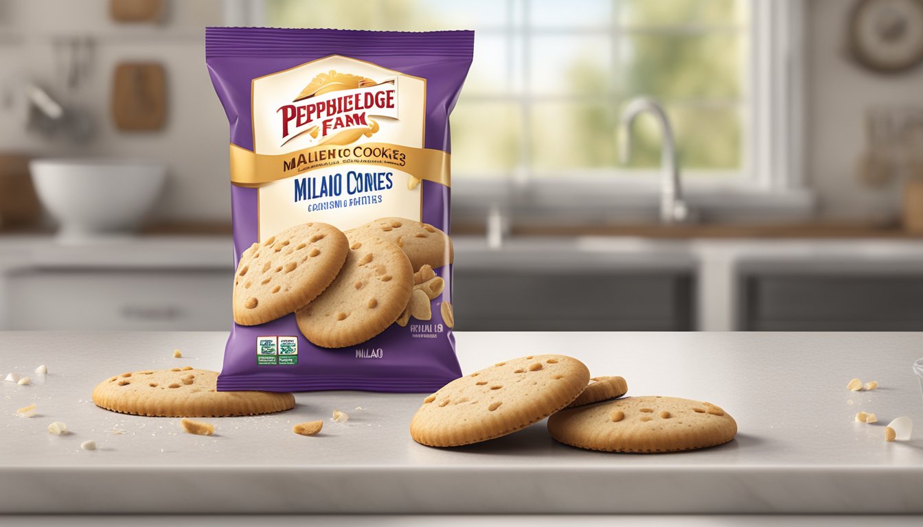 A package of Pepperidge Farm Milano Cookies sits on a kitchen counter, surrounded by crumbs and an empty glass of milk