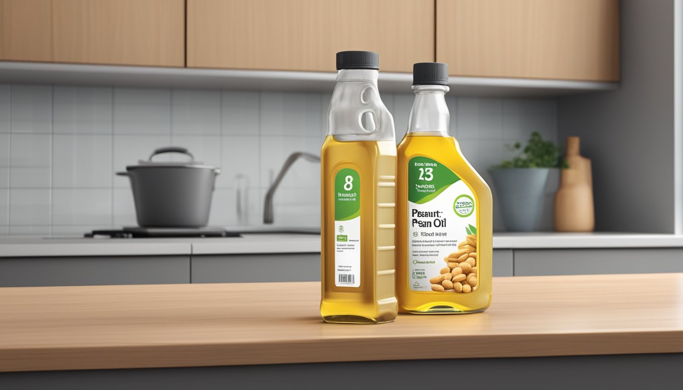 A bottle of peanut oil sits on a clean, organized kitchen counter, with a clear expiration date visible on the label