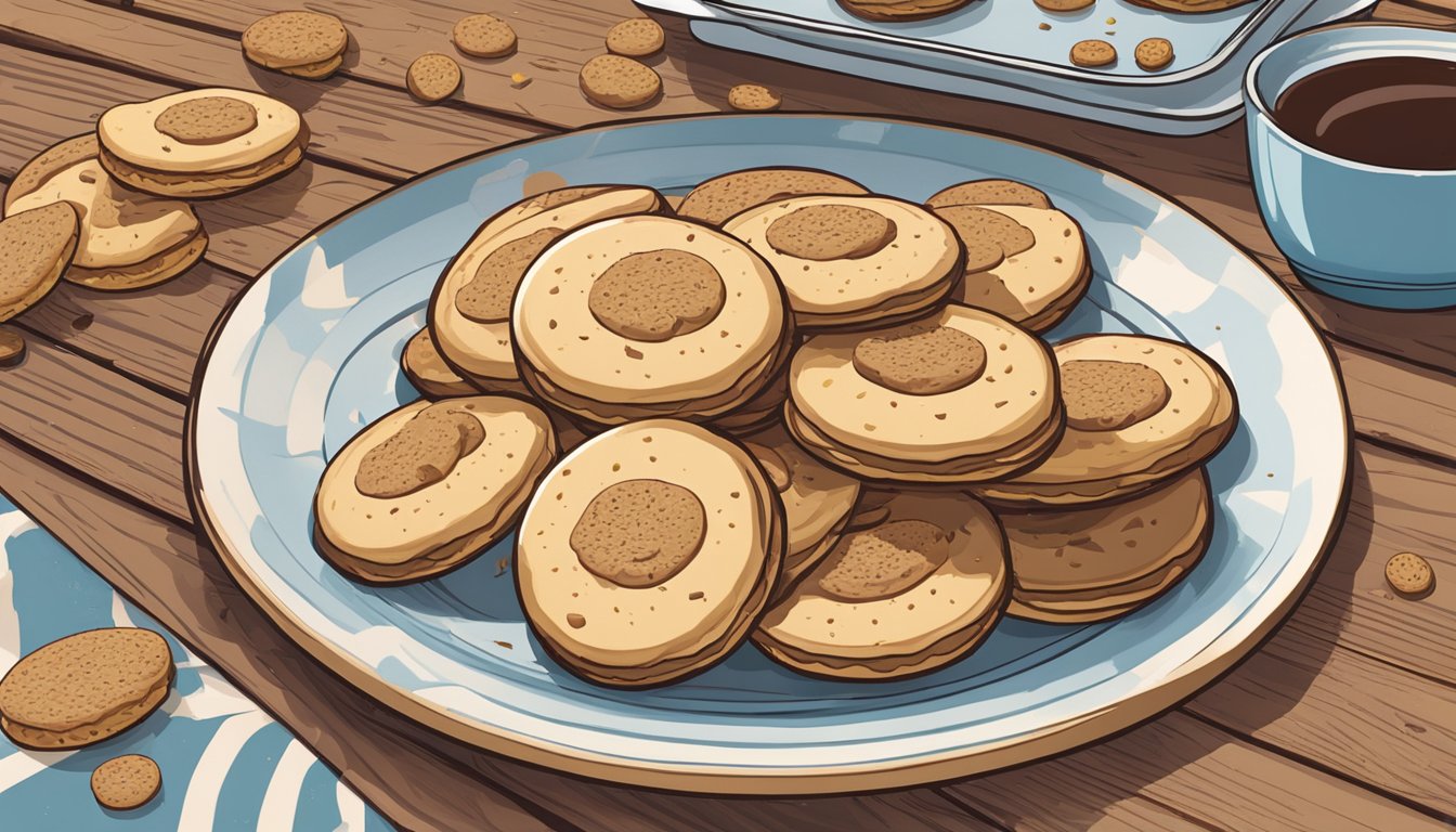 A plate of Milano cookies sits on a rustic wooden table, surrounded by scattered crumbs. A few cookies are stacked on a small dessert plate, while others are arranged in a decorative pattern