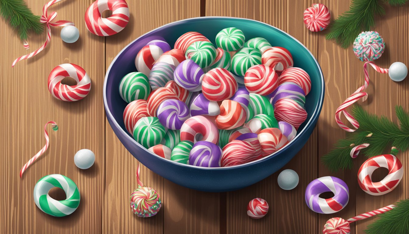 A bowl of peppermint candies sits on a wooden table, surrounded by festive decorations. The candies are unwrapped, with a few scattered wrappers nearby