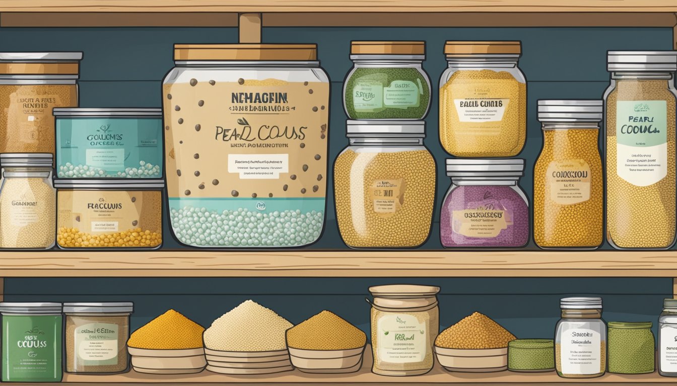 A jar of pearl couscous sits on a kitchen shelf, surrounded by other dry goods. The label indicates the expiration date