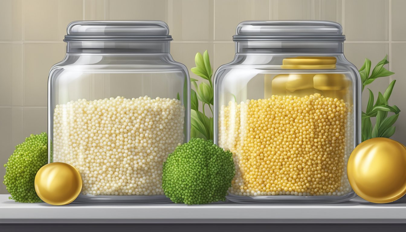 A glass jar filled with pearl couscous, sealed with a lid, placed on a kitchen shelf