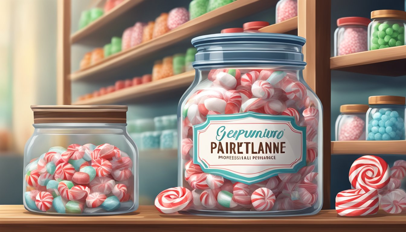 A glass jar filled with peppermint candies sits on a shelf next to a label indicating the date of purchase