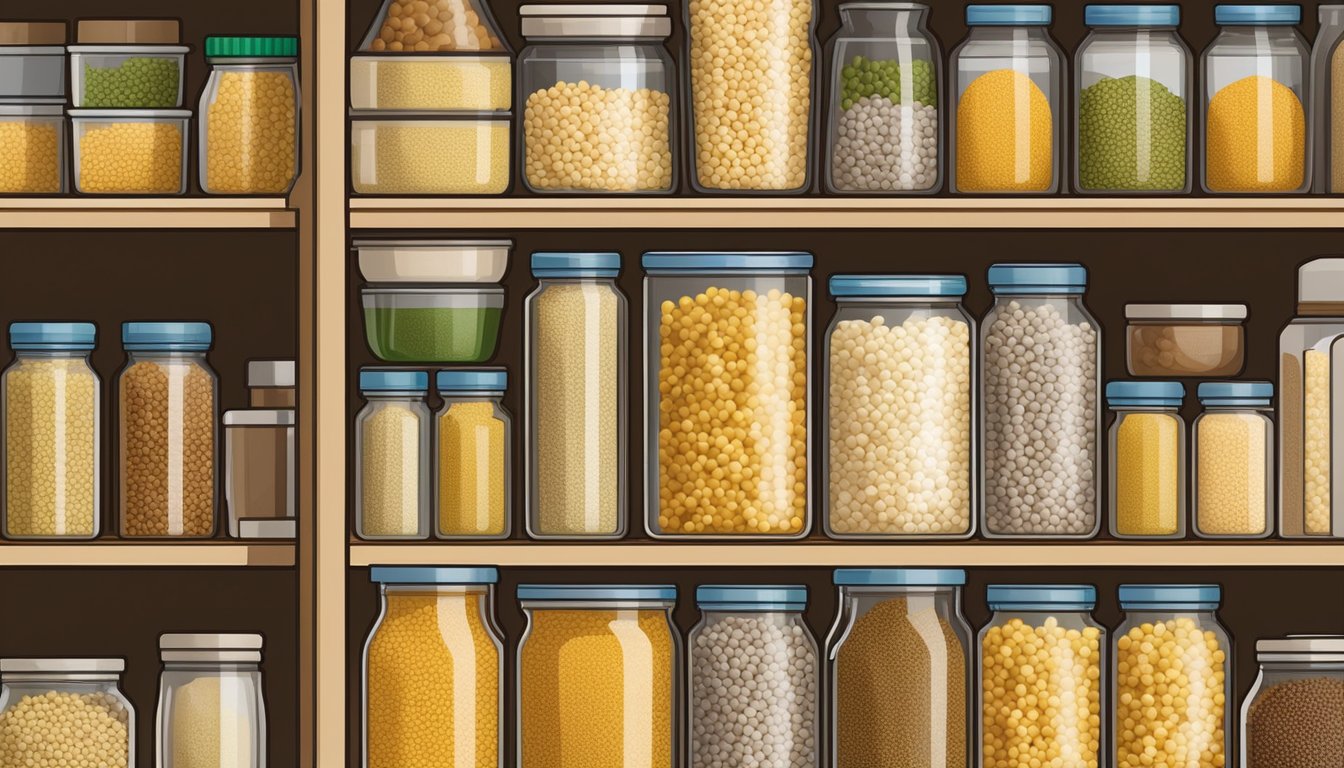 A tightly sealed container of pearl couscous on a pantry shelf, surrounded by other dry goods