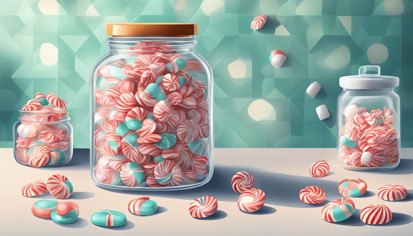 A pile of peppermint candies sits in an open jar on a kitchen counter, surrounded by a few loose candies scattered nearby