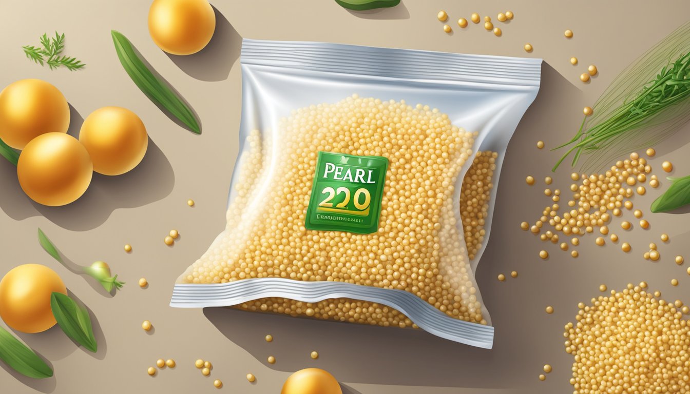 A bag of pearl couscous with a visible expiration date