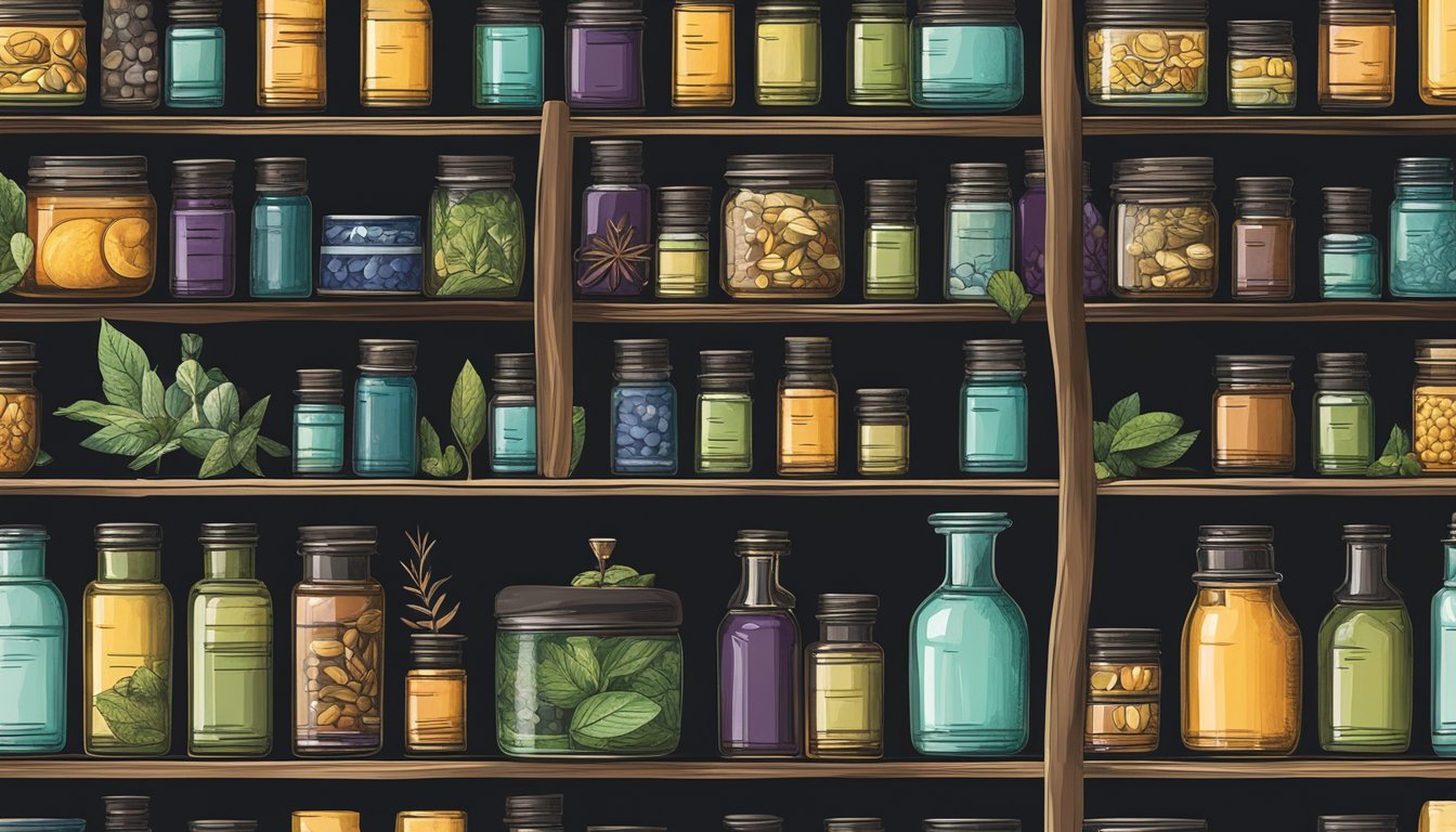 A glass bottle of peppermint oil sits on a shelf in a cool, dark pantry next to other essential oils and spices