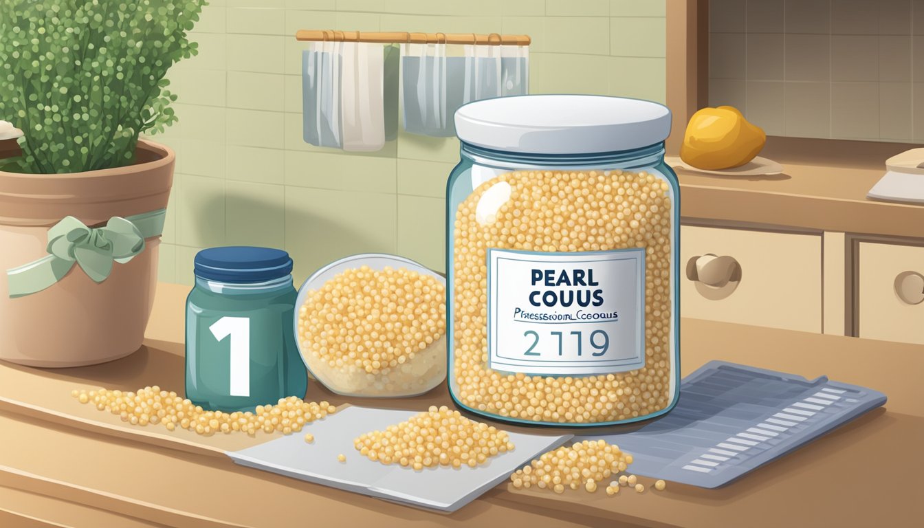 A jar of pearl couscous sits on a kitchen counter, next to a calendar showing the current date and an open bag of couscous