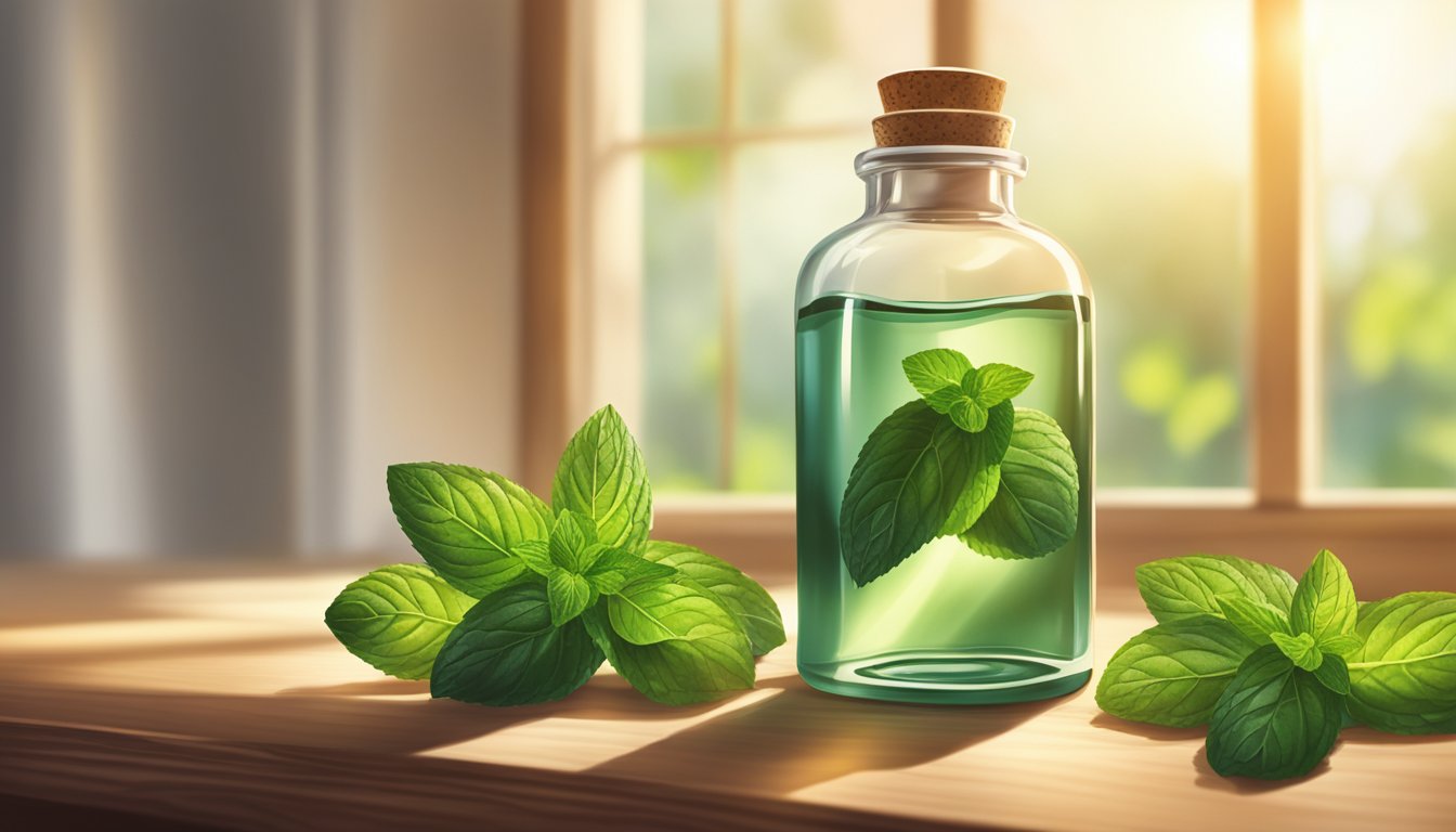 A dropper bottle of peppermint oil sits on a wooden table next to a sprig of fresh peppermint leaves. Sunlight streams through a nearby window, casting a warm glow on the scene