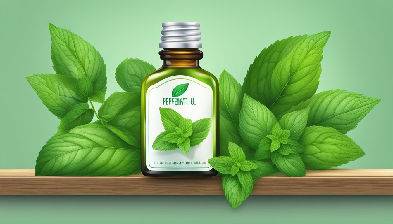 A small bottle of peppermint oil sits on a shelf, surrounded by green leaves and fresh peppermint plants