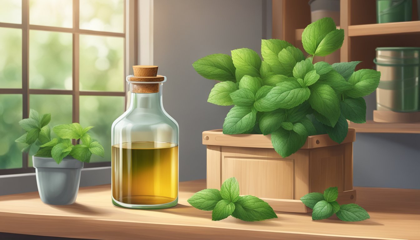 A glass bottle of peppermint oil sits on a wooden shelf next to a recycling bin, surrounded by greenery