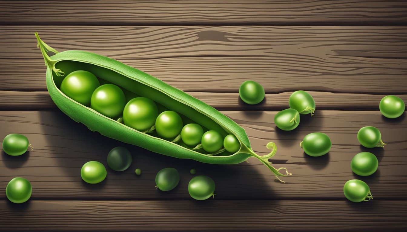 A fresh pea pod sits on a rustic wooden table, surrounded by scattered peas. The pod is open, revealing the vibrant green peas inside