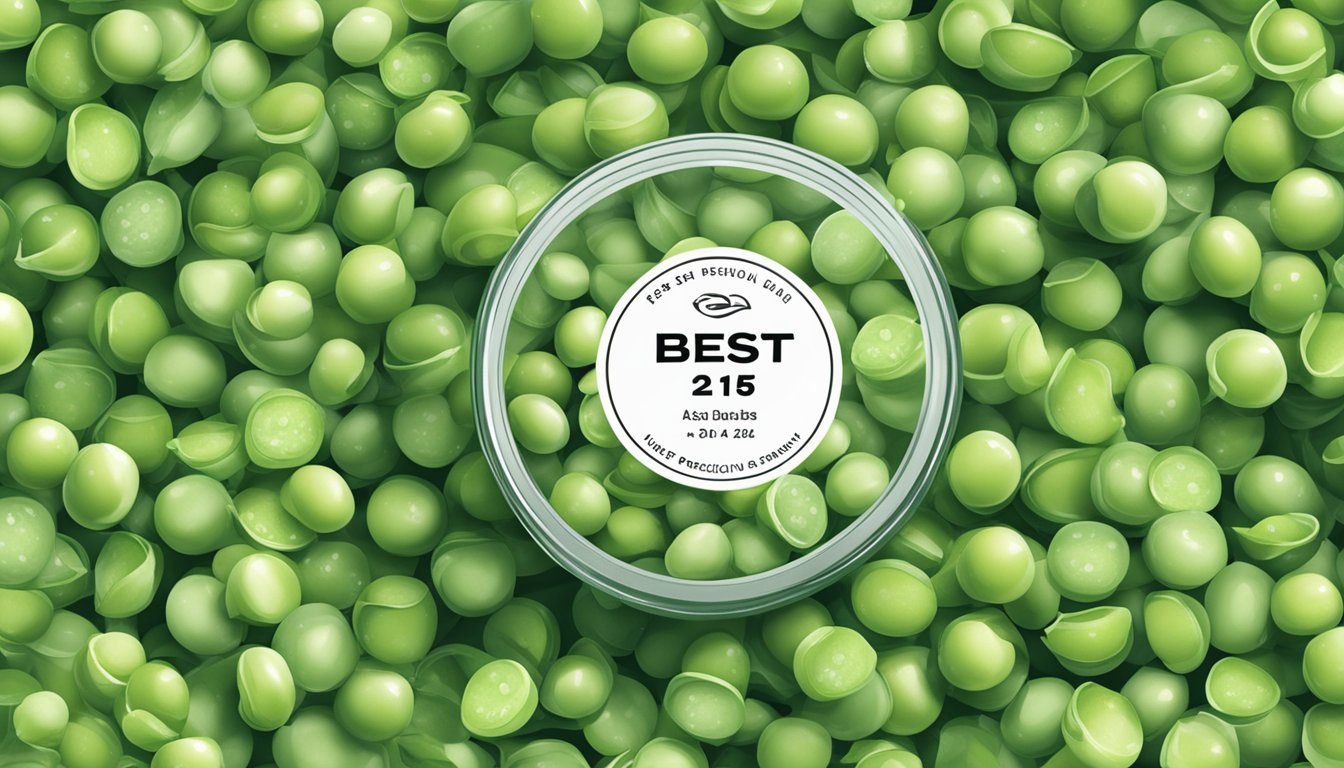 A pile of peas in a clear, airtight container with a "best by" date label