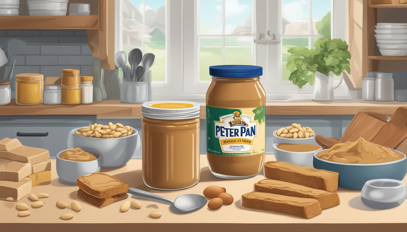 A jar of Peter Pan Peanut Butter sits on a kitchen counter, surrounded by various ingredients and utensils. The label indicates the types and composition of the peanut butter