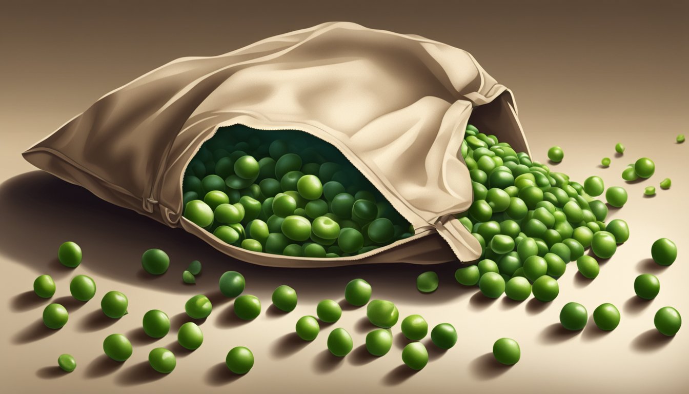 A bag of peas sits on a kitchen counter, with a few peas spilling out. The peas are starting to show signs of spoilage, with some turning brown and shriveling up