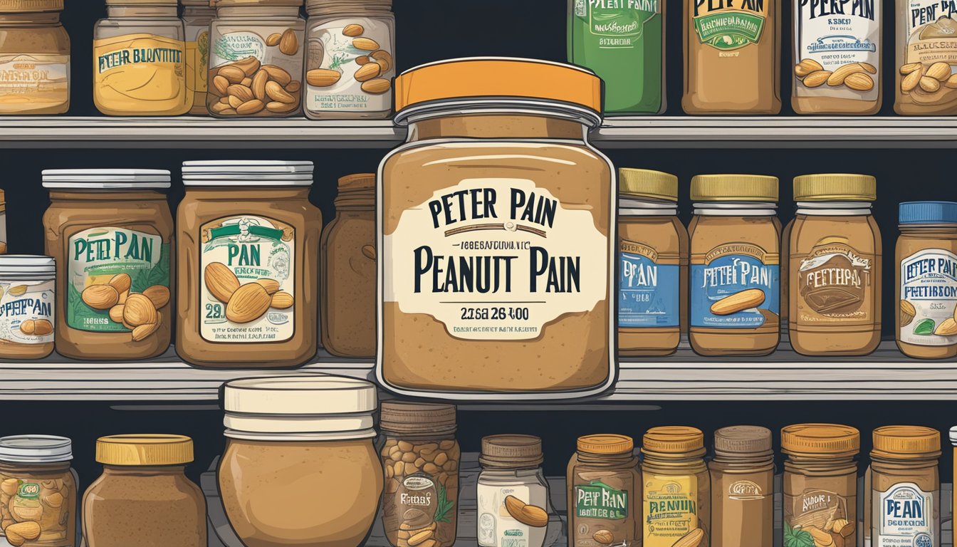 A jar of Peter Pan Peanut Butter sits on a shelf, surrounded by other pantry items. The label indicates the expiration date, and a helpful storage guideline is displayed nearby