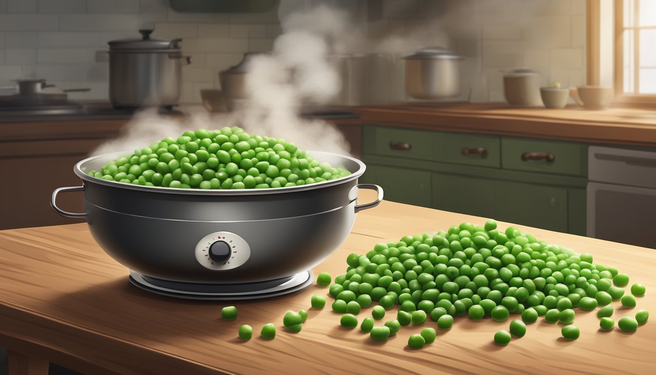 A bowl of cooked peas sitting on a wooden table, with steam rising from them and a timer set beside them