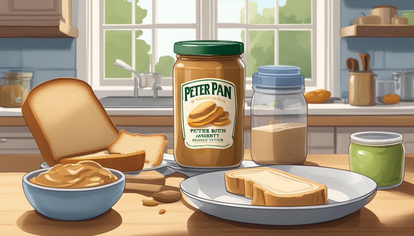 An open jar of Peter Pan Peanut Butter sits on a kitchen counter, surrounded by a loaf of bread, a knife, and a plate of sandwiches