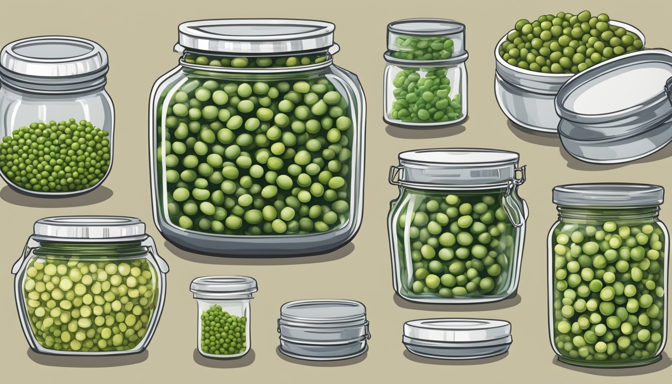 A jar of preserved peas surrounded by various preservation methods such as canning jars, vacuum-sealed bags, and dehydrated peas