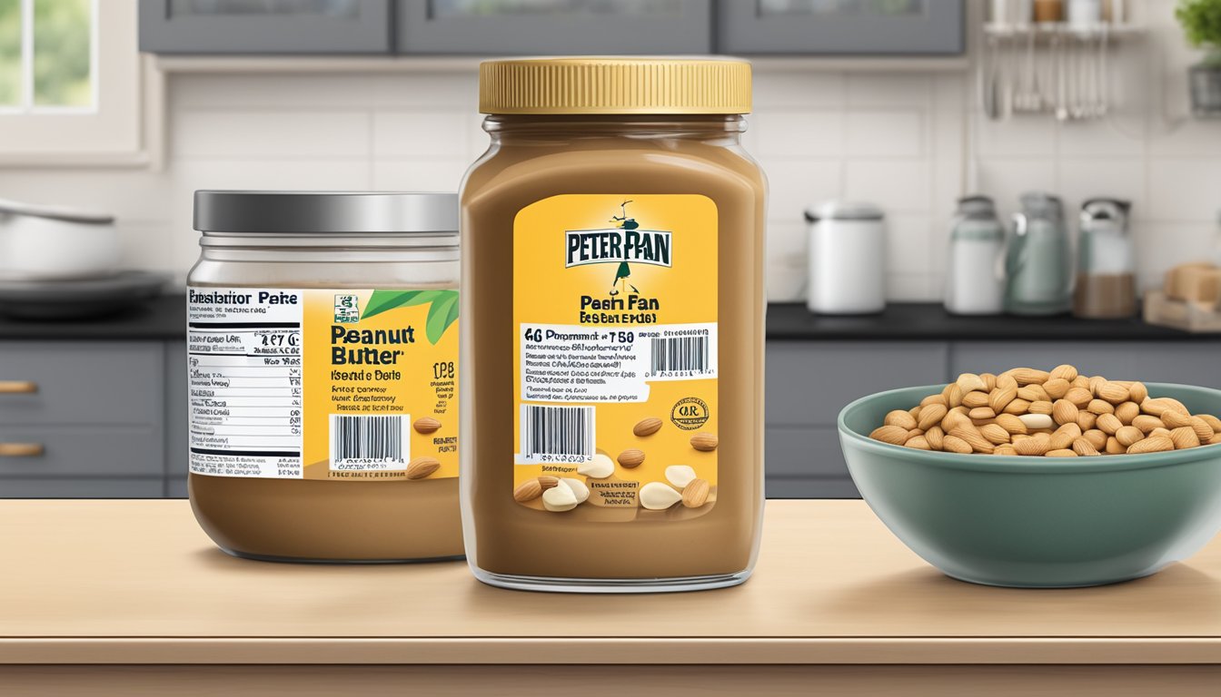 A jar of Peter Pan Peanut Butter sits on a clean, organized kitchen counter, with a clear expiration date visible on the label