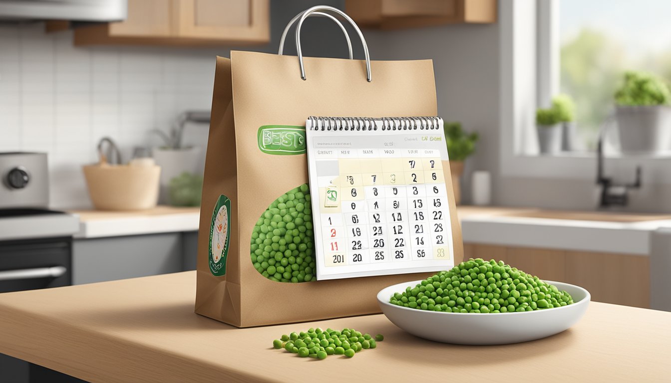 A bag of peas sits on a kitchen counter, with a calendar in the background showing the current date and a "best by" date circled in red